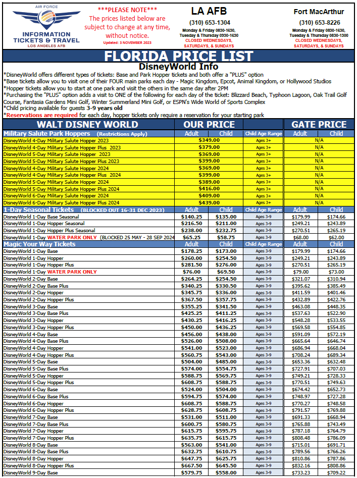 ITT Discount Ticket Price List Orlando 3 November 2023 pg1